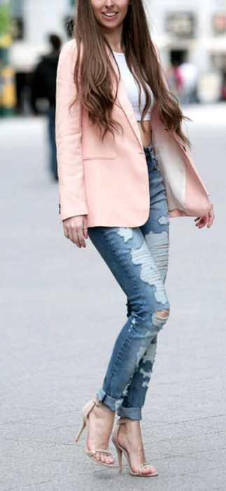 pink blazer jeans and top