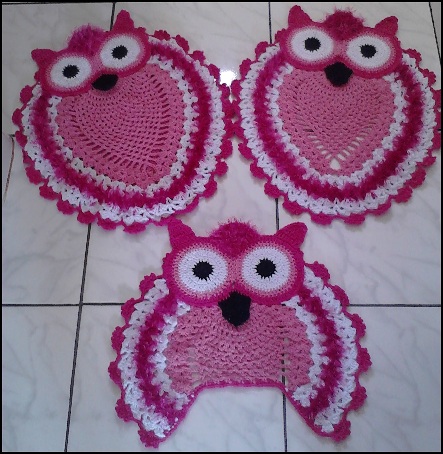 Pink and white crochet owl
