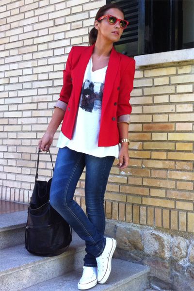 red blazer and t-shirt