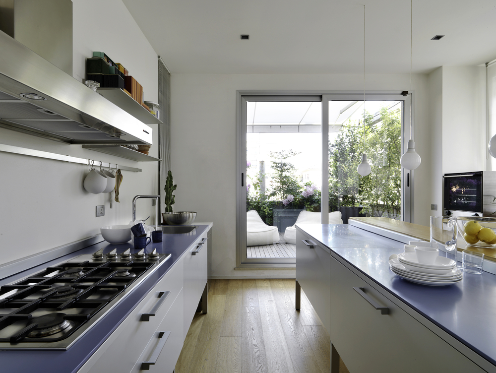 kitchen with an external sliding glass door with frame