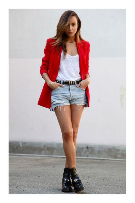 casual look short jeans and red blazer